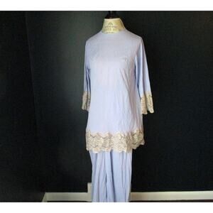 Vintage Gilead 1950s Periwinkle Blue Beige Lace Pajama Set Medium
